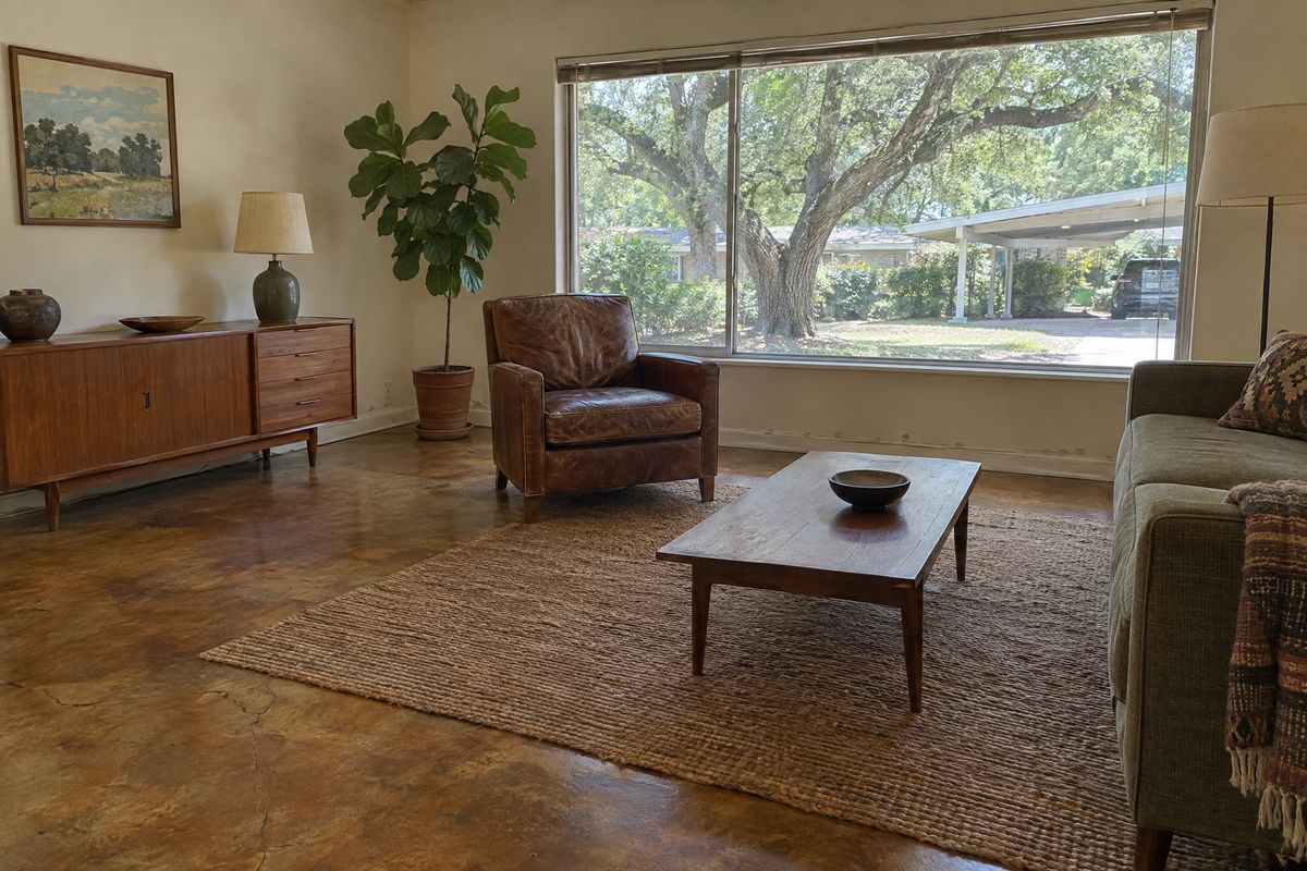 A living room in a 1960s ranch house with a mottled brown and amber stained concrete floor, a woven rug, a leather armchair and a window to a live oak
