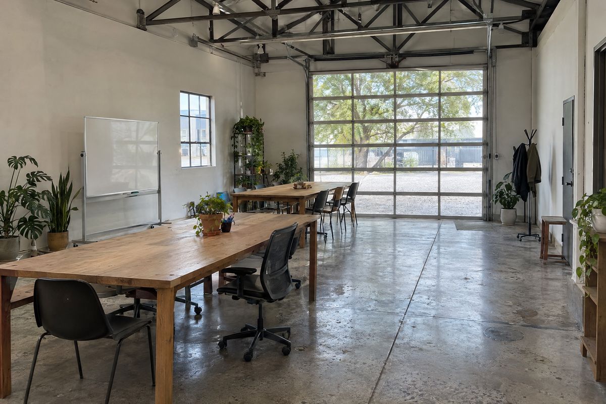 A converted light-industrial studio with a low-sheen polished concrete floor showing small stones, saw cuts and old patches, wooden tables and a glass roll-up door