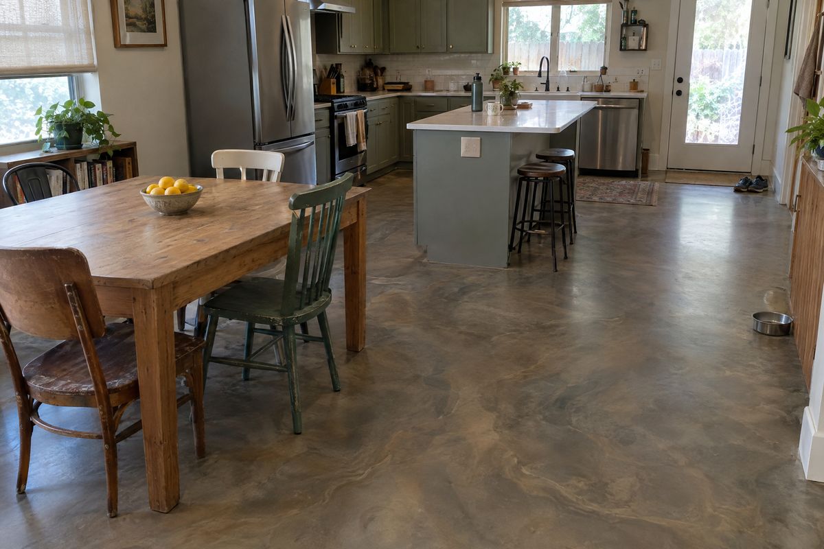An open kitchen and dining area with a pewter and bronze metallic epoxy floor showing soft swirls under a satin finish, a wooden table and a kitchen island