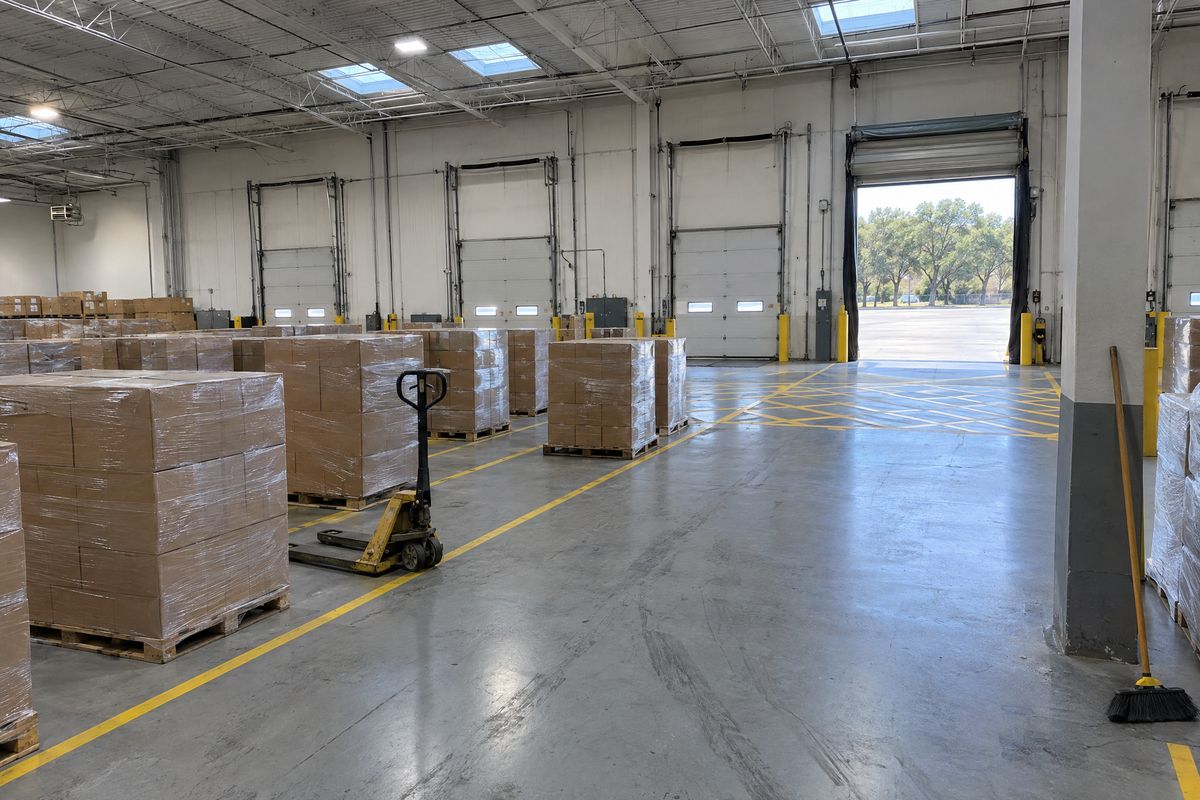 A warehouse shipping area with a gray epoxy floor, yellow-striped pallet lanes, wrapped pallets, a pallet jack and dock doors, one open to a sunny truck court