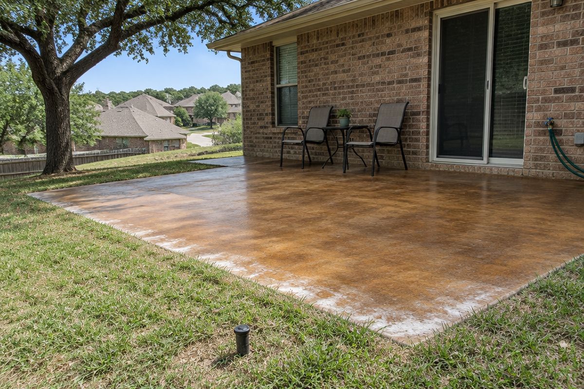 An uncovered back patio with amber and brown stained concrete, a pale whitish bloom along the lawn edge near a sprinkler head, patio chairs and a brick wall