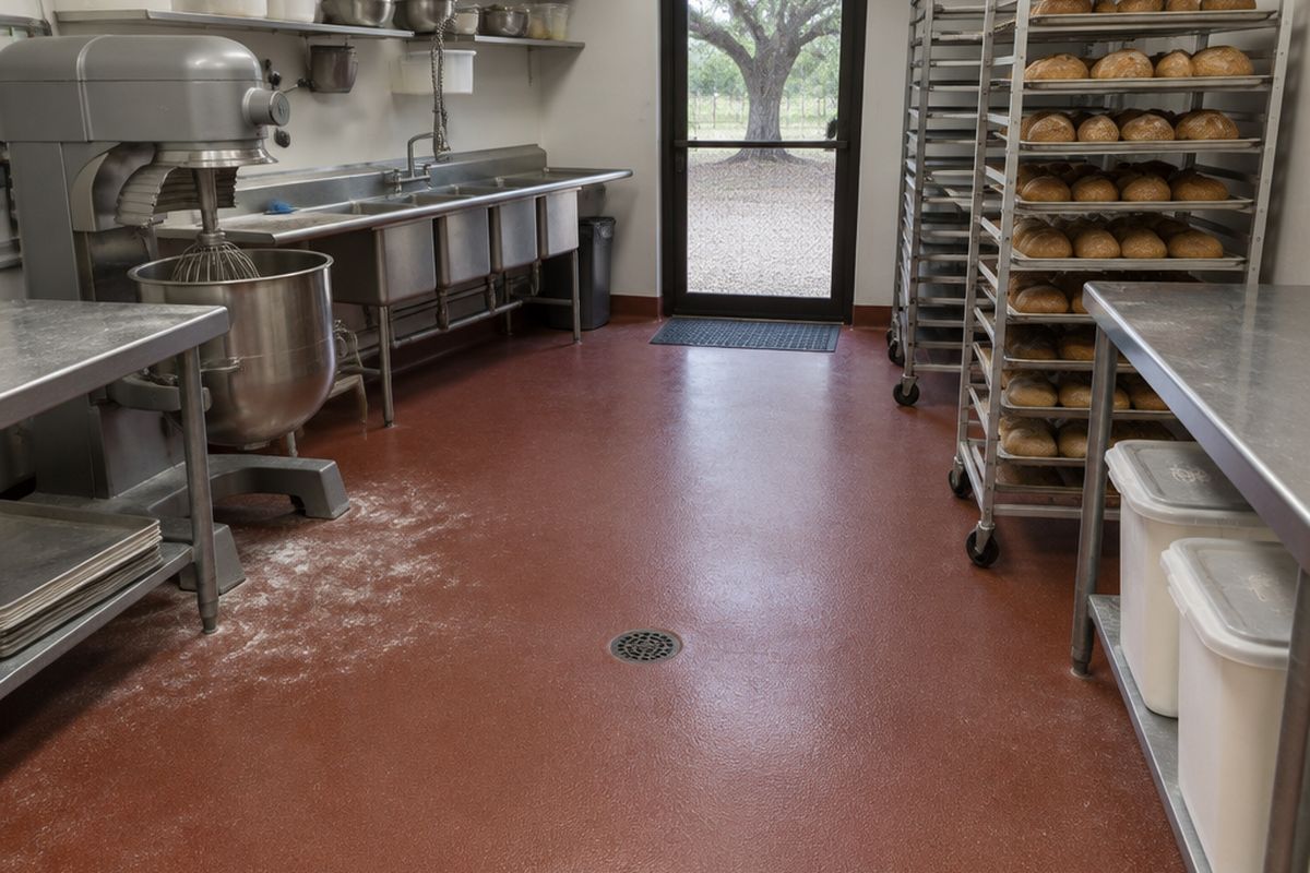 A bakery kitchen with a red-brown urethane cement floor, coved base and round drain, flour dust near a stand mixer, stainless tables and racks of bread