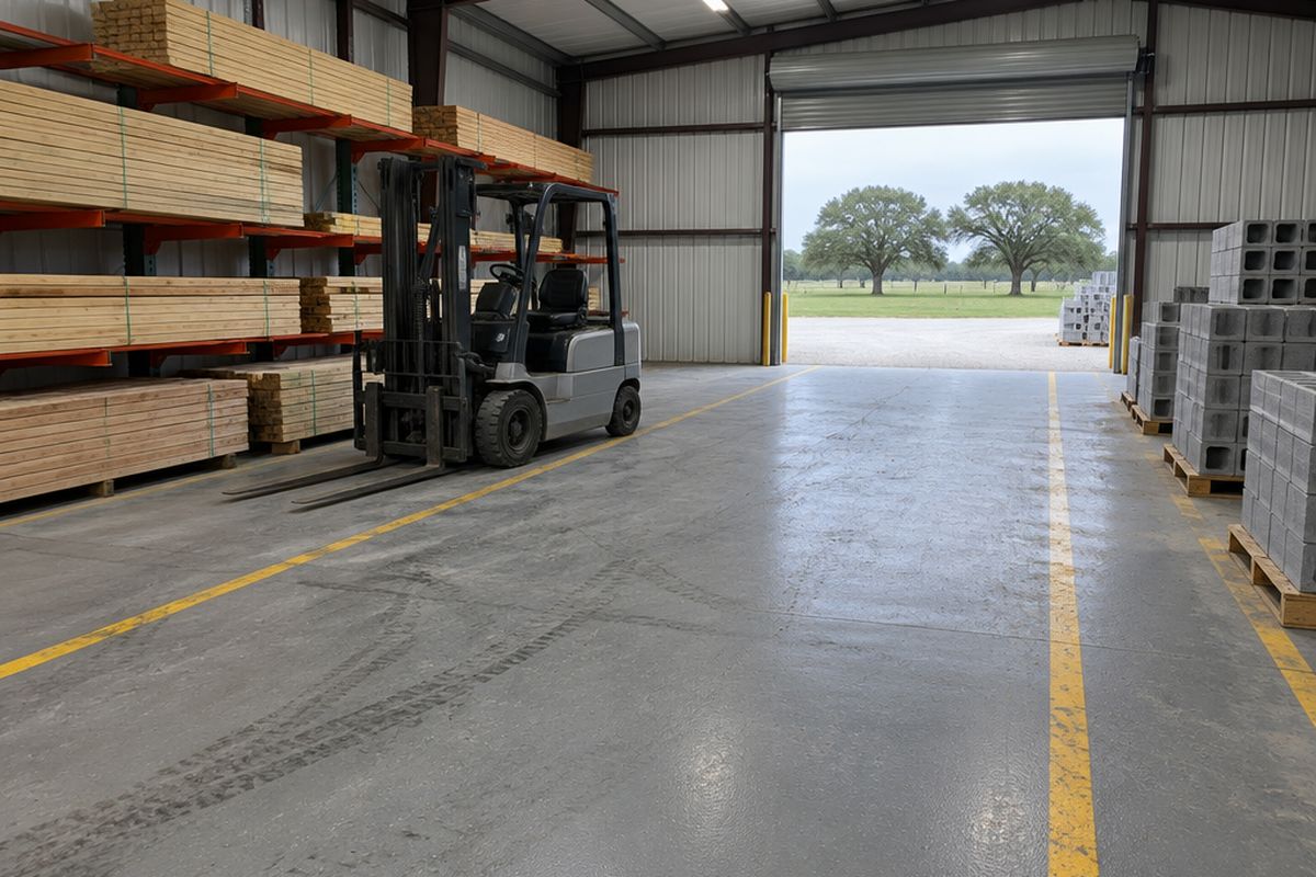 A building supply warehouse with a textured gray epoxy floor, yellow walkway lines, stacked lumber, pallets of concrete block, a forklift and an open door to a field