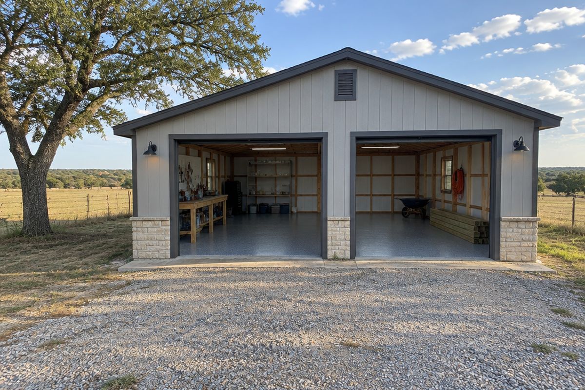A detached two-car garage and workshop with open doors and a gray flake floor in late sun, a workbench inside, dry grass, a live oak and a fenced pasture