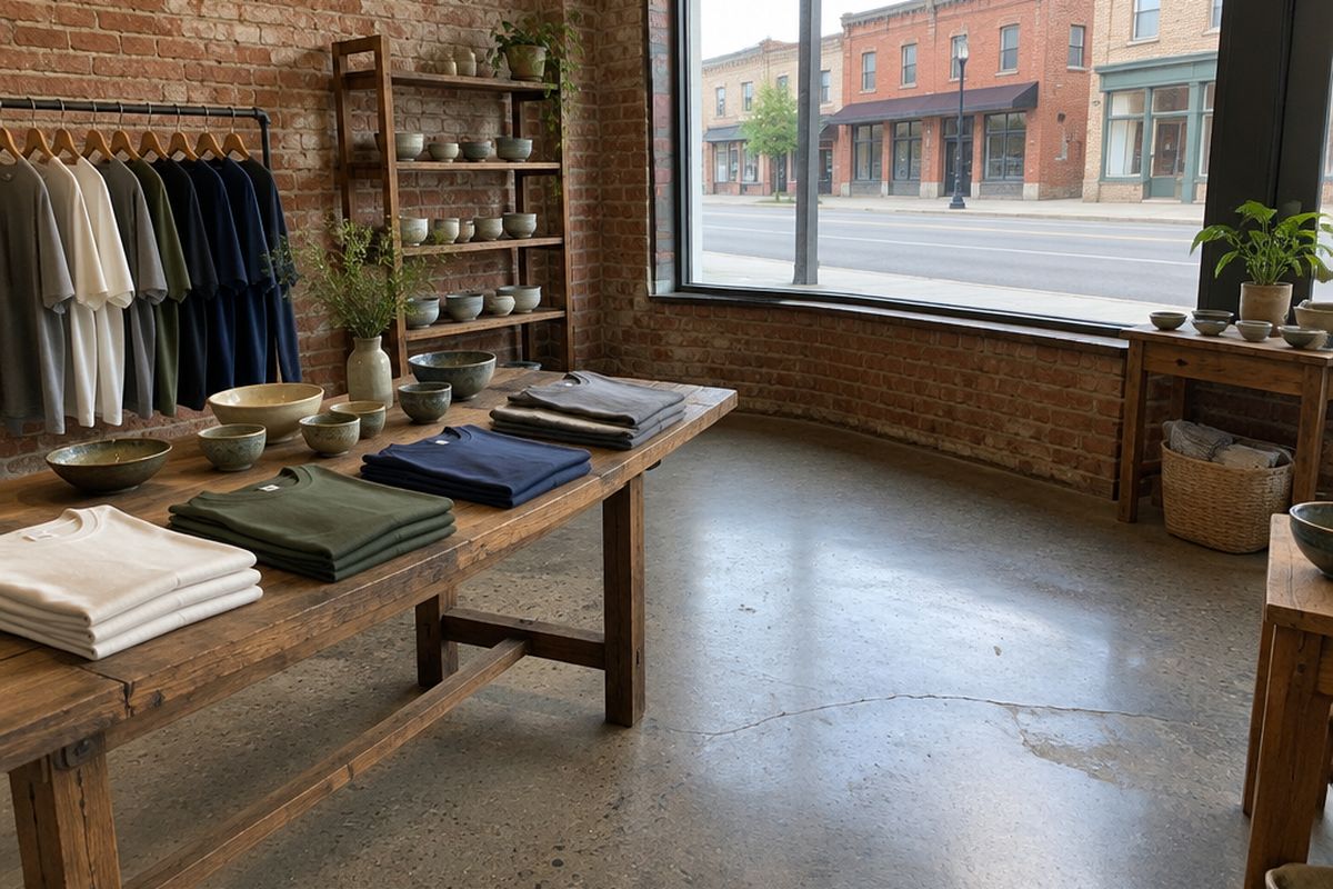 A small shop in an old brick storefront with a low-sheen polished concrete floor showing stones and old cracks, wooden display tables, a clothing rack and a big window