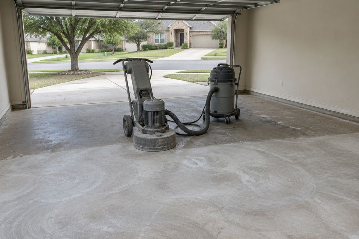 A garage floor half ground to pale, dusty concrete with circular swirl marks and half still stained, with a walk-behind floor grinder and a dust extractor in the middle