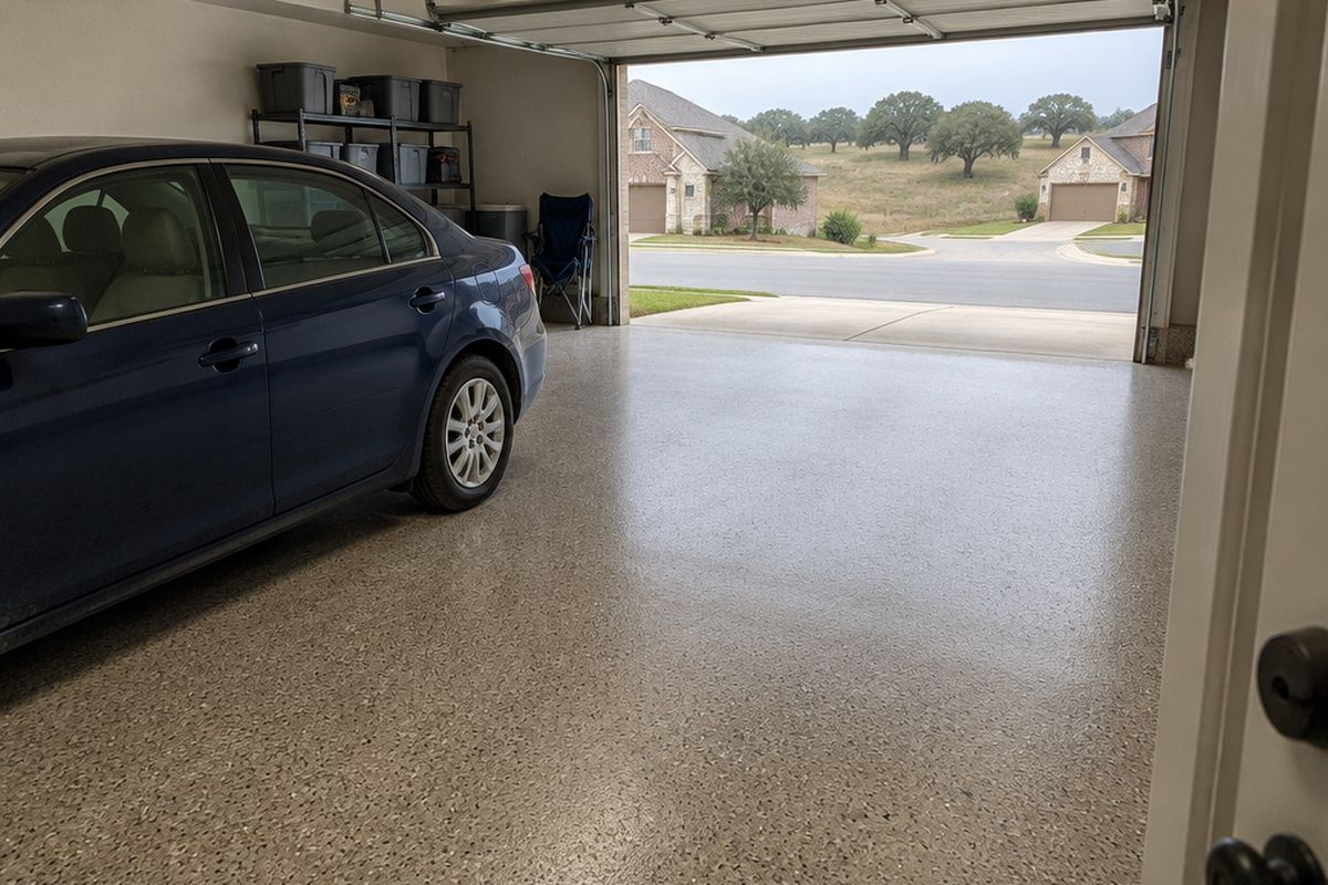 A two-car garage seen from a side door, with a tan, beige and brown flake floor, a blue sedan's side and shelves of plain bins