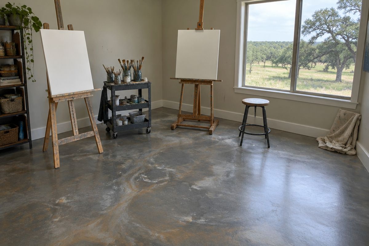 A painting studio with a pewter gray metallic epoxy floor, a few paint drips, two easels with blank canvases and a window to a grassy field