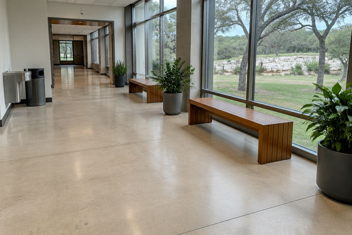 A college building hallway with a cream polished concrete floor, saw-cut joints, simple benches and tall windows looking out to a lawn with live oaks