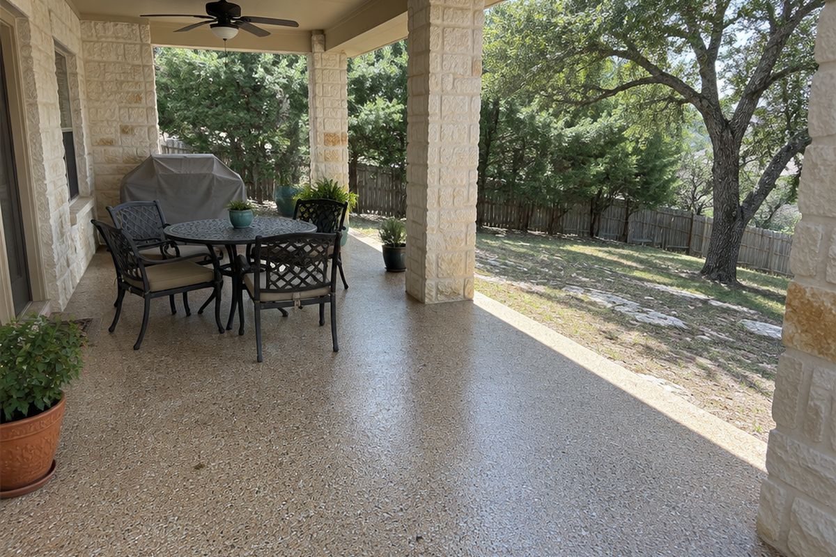 A covered back patio with limestone columns and a tan and brown flake coating with a satin sheen, outdoor furniture and a covered grill, facing a juniper-lined yard