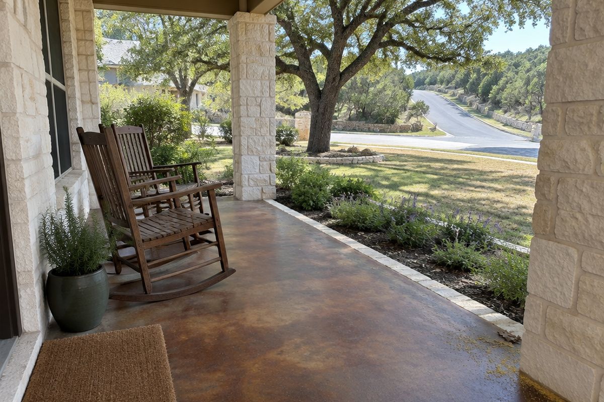 A front porch with a mottled chestnut-brown stained concrete slab, two wooden rocking chairs and limestone columns, looking out to a live oak and a juniper hill