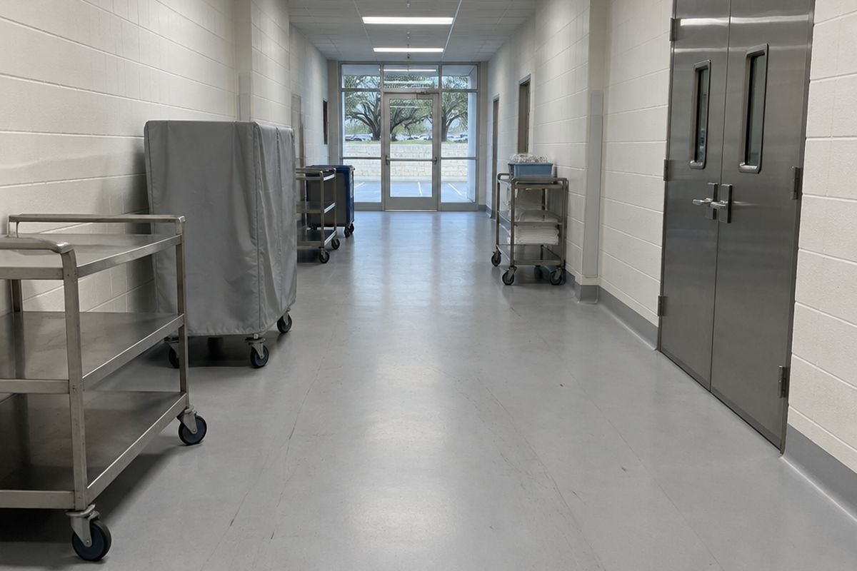 A long back-of-house service corridor with a light gray seamless resin floor, coved base, stainless carts and glass doors at the end facing live oaks