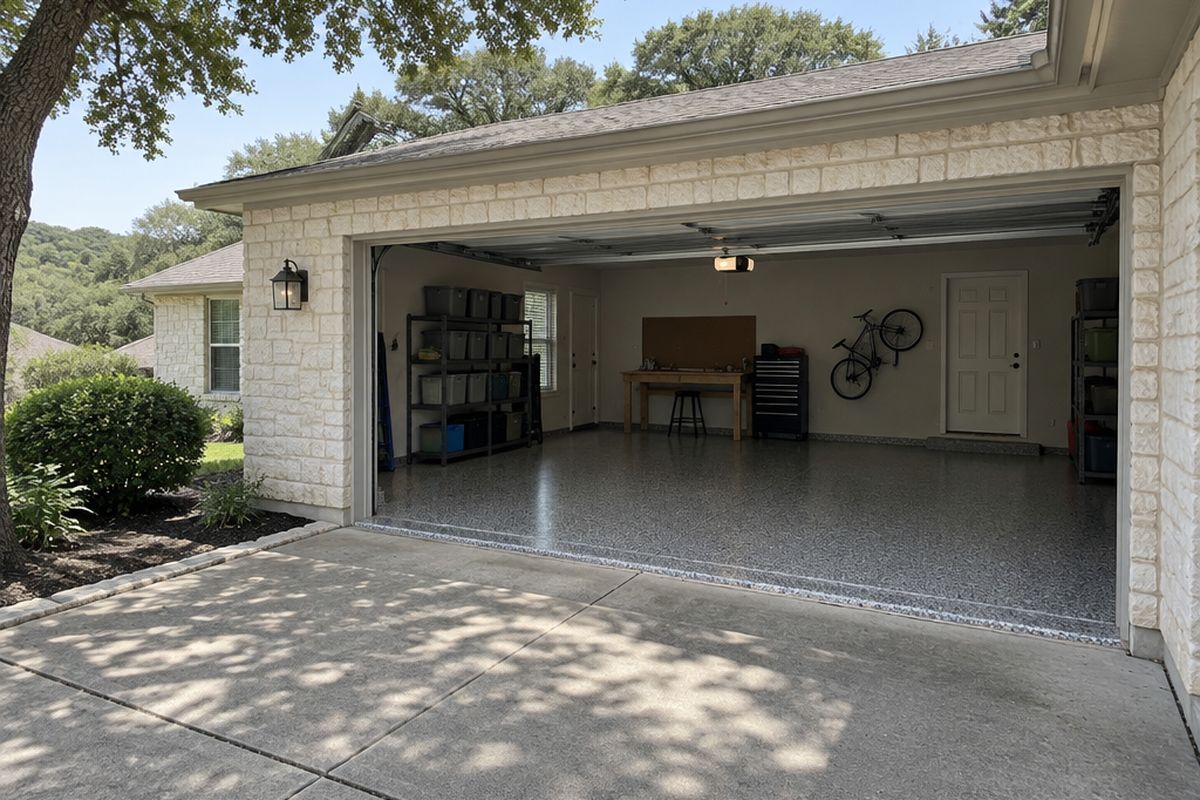 An open two-car garage in a house with a pale limestone front, showing a gray, cream and charcoal flake floor, shelves and a workbench, with a live oak nearby