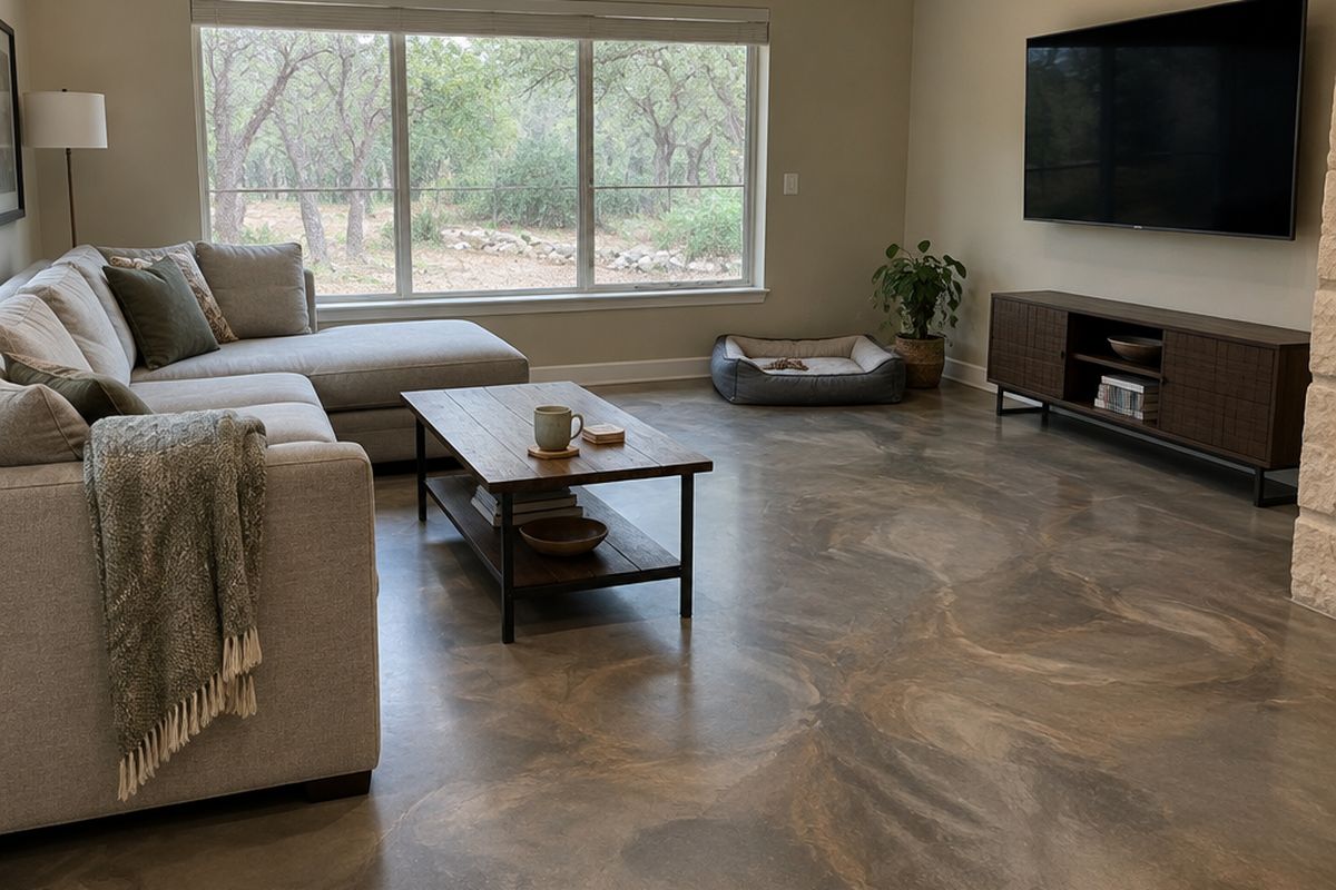 A living room with a warm gray metallic epoxy floor drifting with pewter and bronze, a fabric sectional, a dog bed and a window to oaks and junipers
