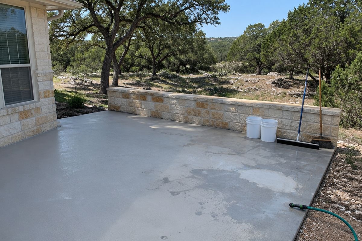 A backyard patio slab with a damp gray cement resurfacer, a garden hose with a spray nozzle at the edge, buckets and a squeegee, beside a limestone wall
