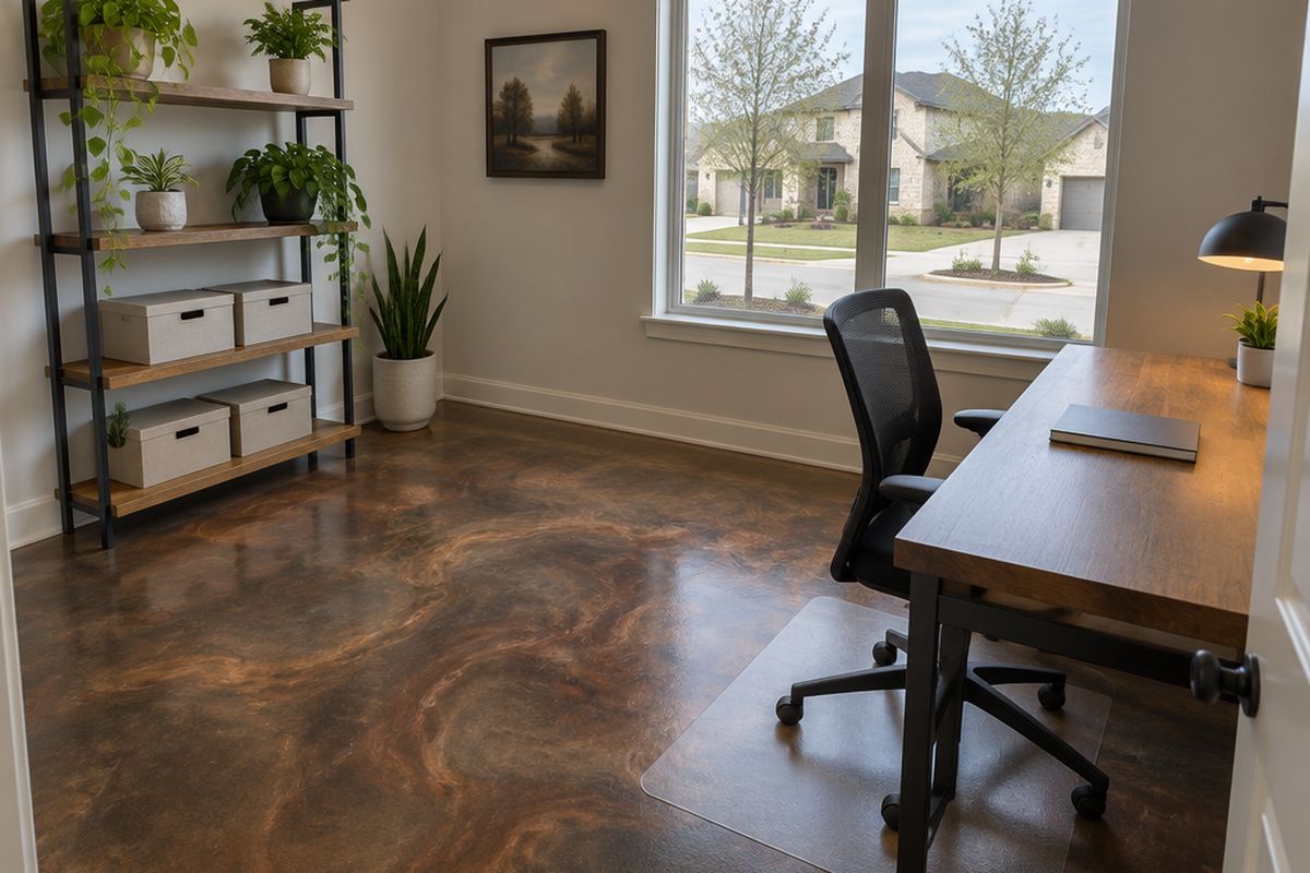 A home office with a bronze and copper-brown metallic epoxy floor, a wooden desk, a chair on a clear mat and a window to a newer street