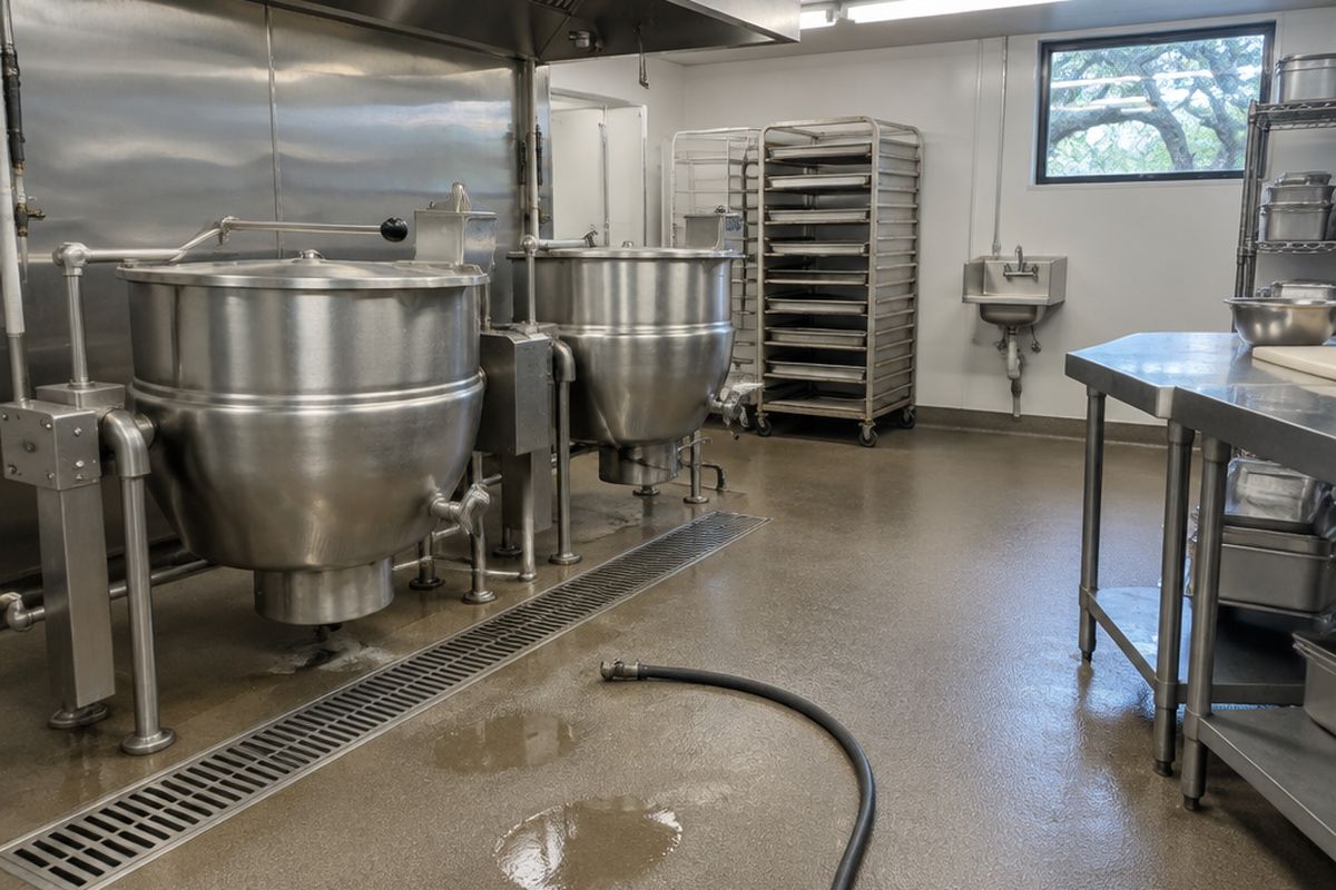 A production kitchen with two stainless tilting steam kettles over a trench drain, a gray-brown urethane cement floor with a coved base, a hose and puddles