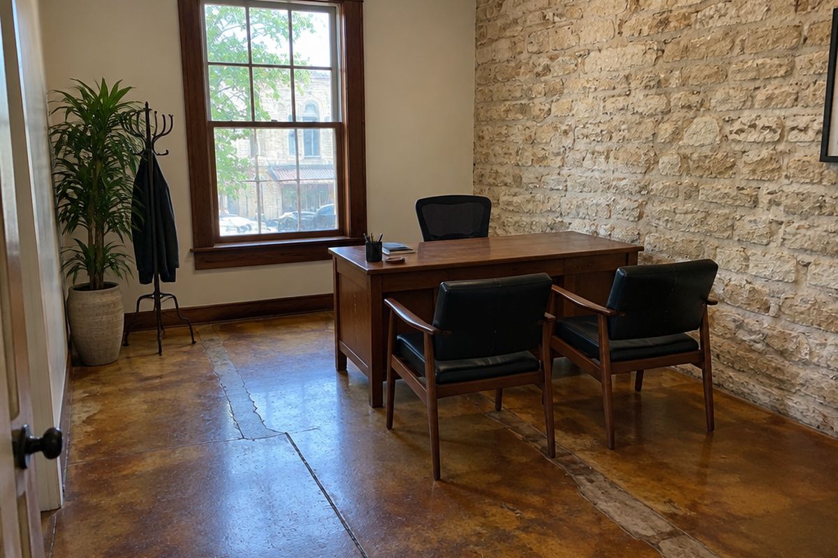 A small office in an old limestone building with a deep brown and amber stained concrete floor, an old saw cut and patch, a wooden desk and a tall window