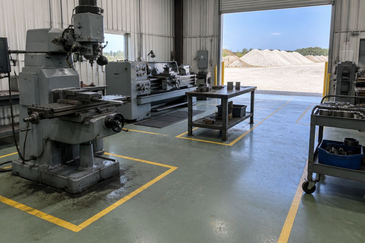 A machine shop with a gray-green epoxy floor, yellow safety lines around large metalworking machines, steel tables and an open door to a gravel yard