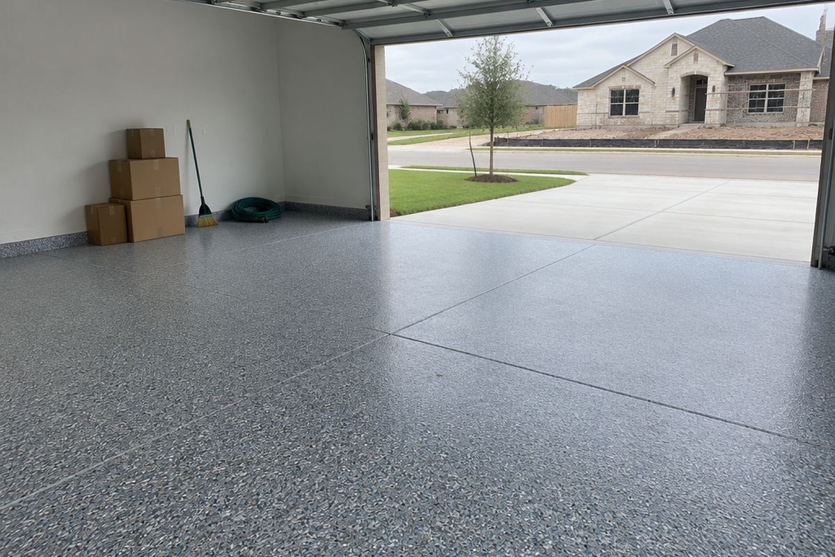A new two-car garage with a blue-gray, white and charcoal flake floor, straight joint lines, plain moving boxes and an open door to a street of new houses