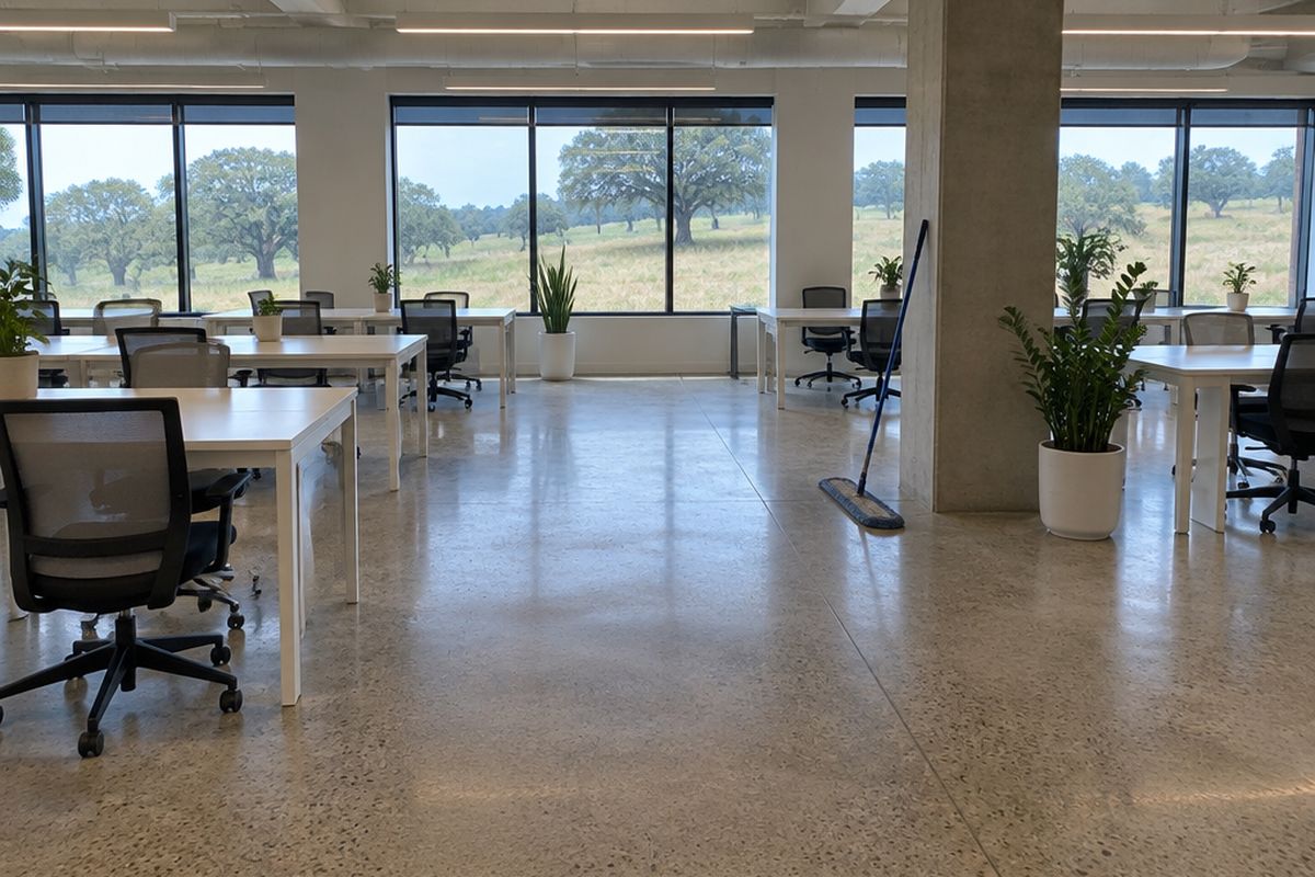 An open office floor with salt-and-pepper polished concrete, rows of plain desks and chairs, a dust mop by a column and windows to a field of live oaks