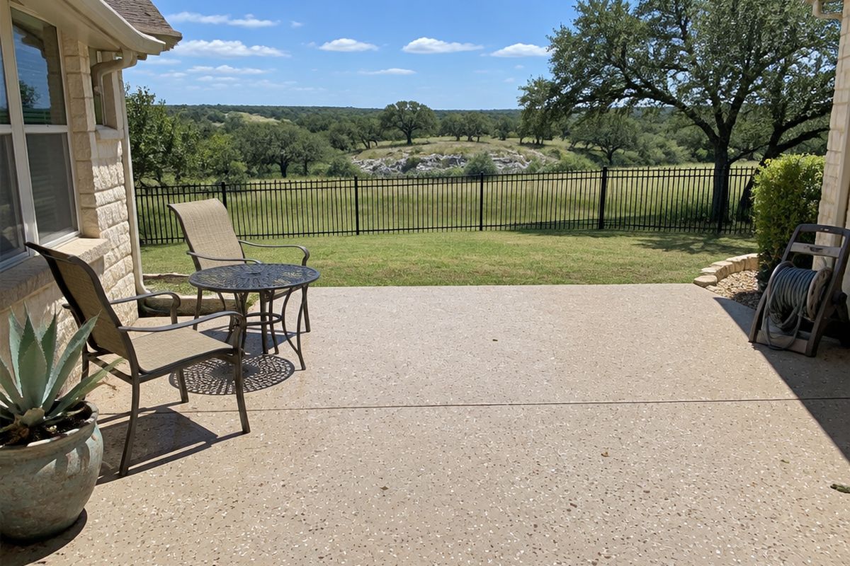 An uncovered patio in full sun with a light tan flake coating, patio chairs, a potted agave and a hose reel, beside an iron fence and a rolling pasture