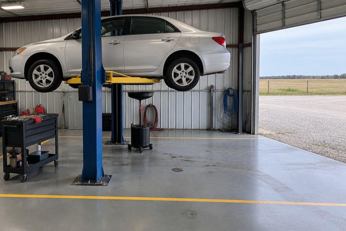 An auto repair bay with a gray epoxy floor, yellow safety lines around a lift holding a sedan, a tool cart and an open bay door