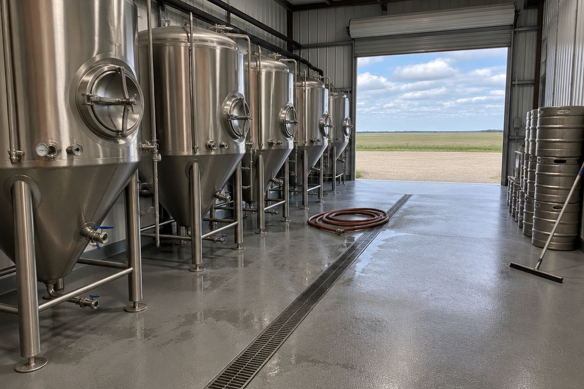 A brewery cellar with stainless conical fermenters on a gray urethane cement floor with a trench drain, a coiled hose, a squeegee and an open door to farmland