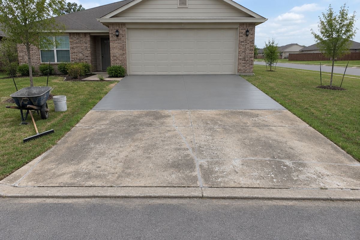 A driveway with filled cracks, its upper half near the garage covered in smooth gray resurfacer and its lower half worn, with a wheelbarrow and a squeegee on the lawn
