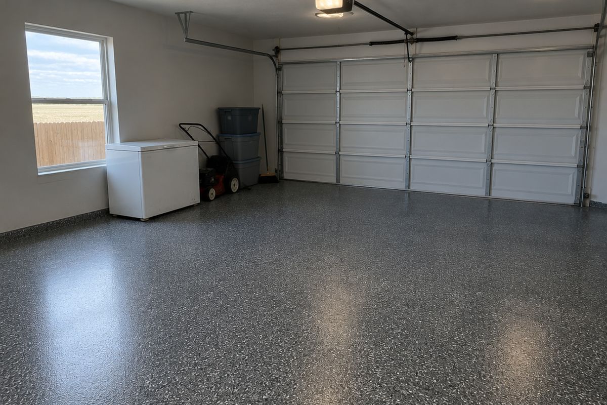 A two-car garage with its door closed, a dark gray, black and white flake floor, a chest freezer, a lawn mower, bins and a window to a wood fence