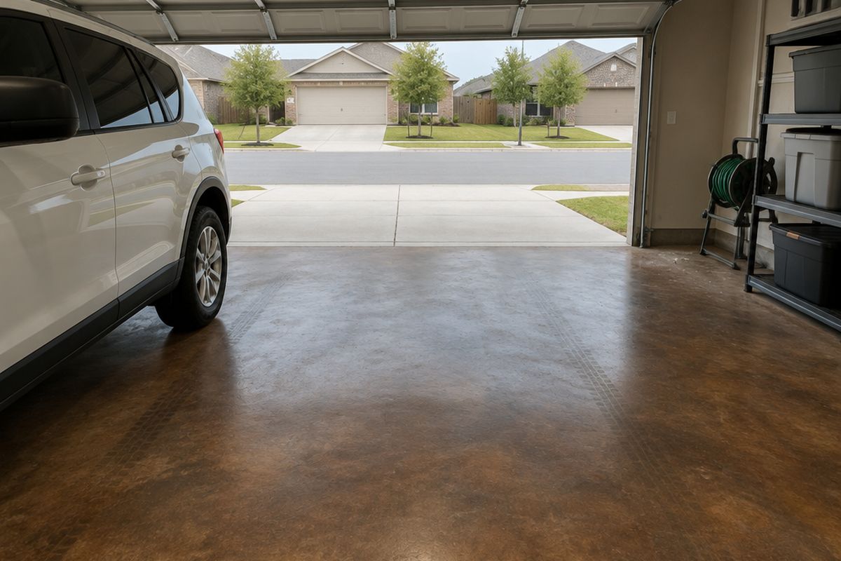 A two-car garage with a walnut-brown stained concrete floor under a satin sealer, faint tire marks, the side of a white SUV, a shelf of bins and a hose reel
