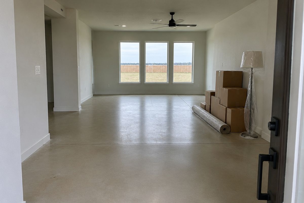 The entry and living room of a new house with a cream polished concrete floor, unmarked moving boxes, a rolled rug and windows to a fenced yard