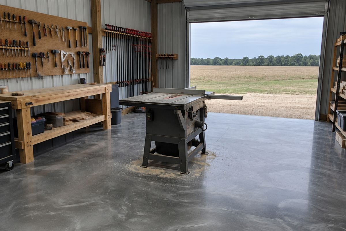 A small woodworking shop with a steel gray and silver metallic epoxy floor, sawdust near a table saw, a workbench, clamps and an open door to a farm field