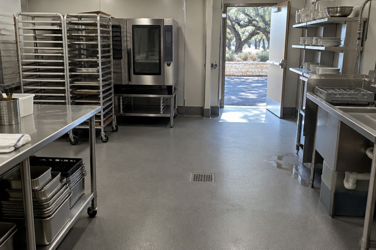 A banquet kitchen with a gray urethane cement floor, coved base and floor drain, stainless tables, sheet-pan racks and a back door open to a shaded drive