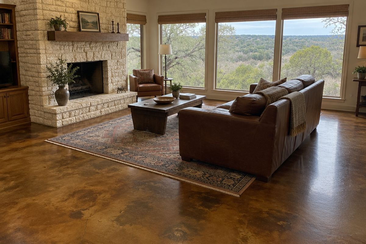 A family room with a mottled amber and walnut stained concrete floor showing faint patches and a hairline crack, a limestone fireplace, a leather sofa and big windows