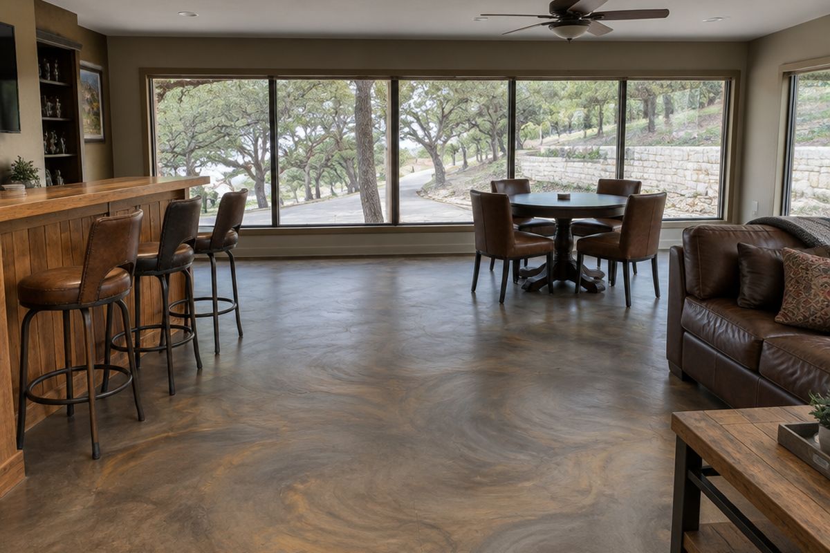 A former garage turned into a bar and lounge with a muted bronze and gray metallic epoxy floor, a wooden bar with stools, a sofa and a wall of windows