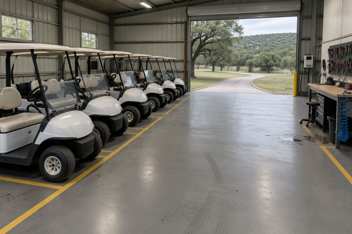 A golf cart barn with a gray epoxy floor marked by yellow parking lines and tire marks, a row of plain white golf carts and a workbench
