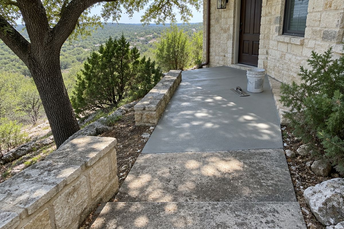 A concrete front walk stepping down a hillside between limestone walls, its upper part covered in smooth gray resurfacer and its lower part worn and pitted