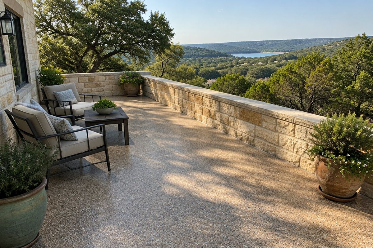 A hillside terrace with a tan and stone-gray flake coating in late sun, outdoor chairs and potted plants along a limestone wall, overlooking oak and juniper hills