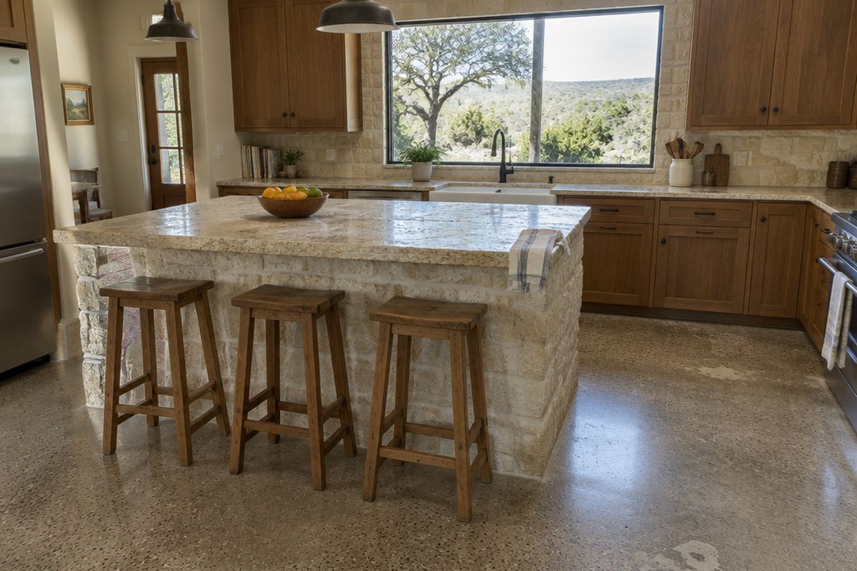 A kitchen with a polished concrete floor showing salt-and-pepper stone and old patches, a limestone-clad island with stools and a window over the sink to oaks