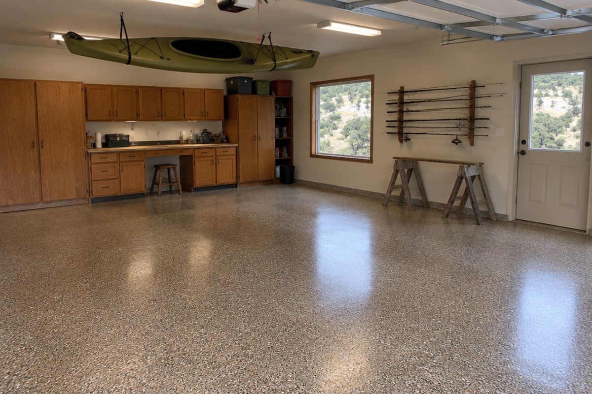 An older three-car garage with a mocha, tan and gray flake floor, wood cabinets, a workbench, a kayak overhead and a window to a hillside of oaks and limestone