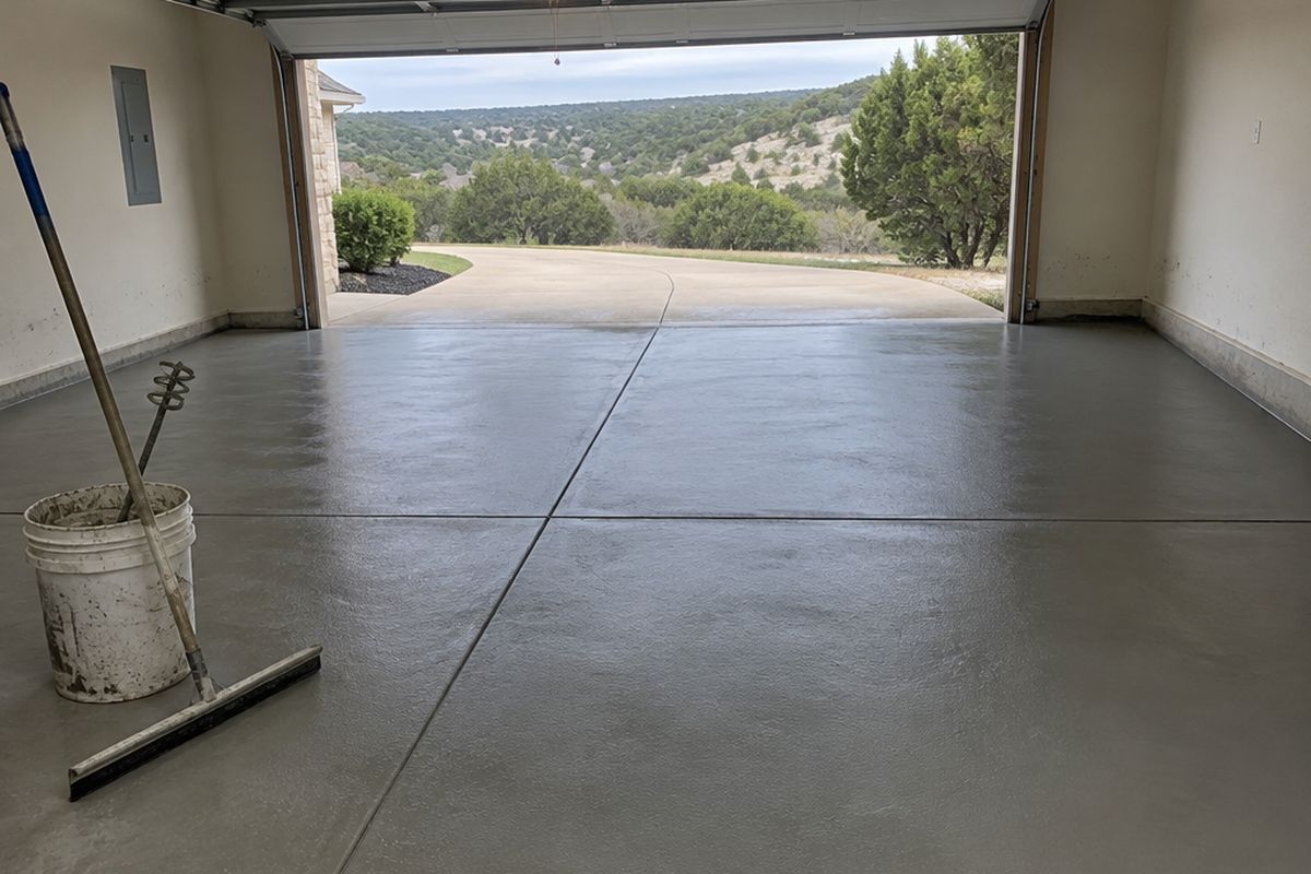 A two-car garage floor covered in damp, even gray cement resurfacer, with joint lines still visible, a squeegee in a bucket and the door open to rolling hills