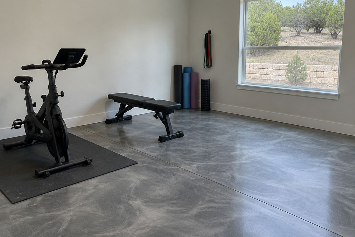 A home gym with a pewter gray metallic epoxy floor and a faint joint line, an exercise bike, a weight bench, yoga mats and a window to a juniper slope