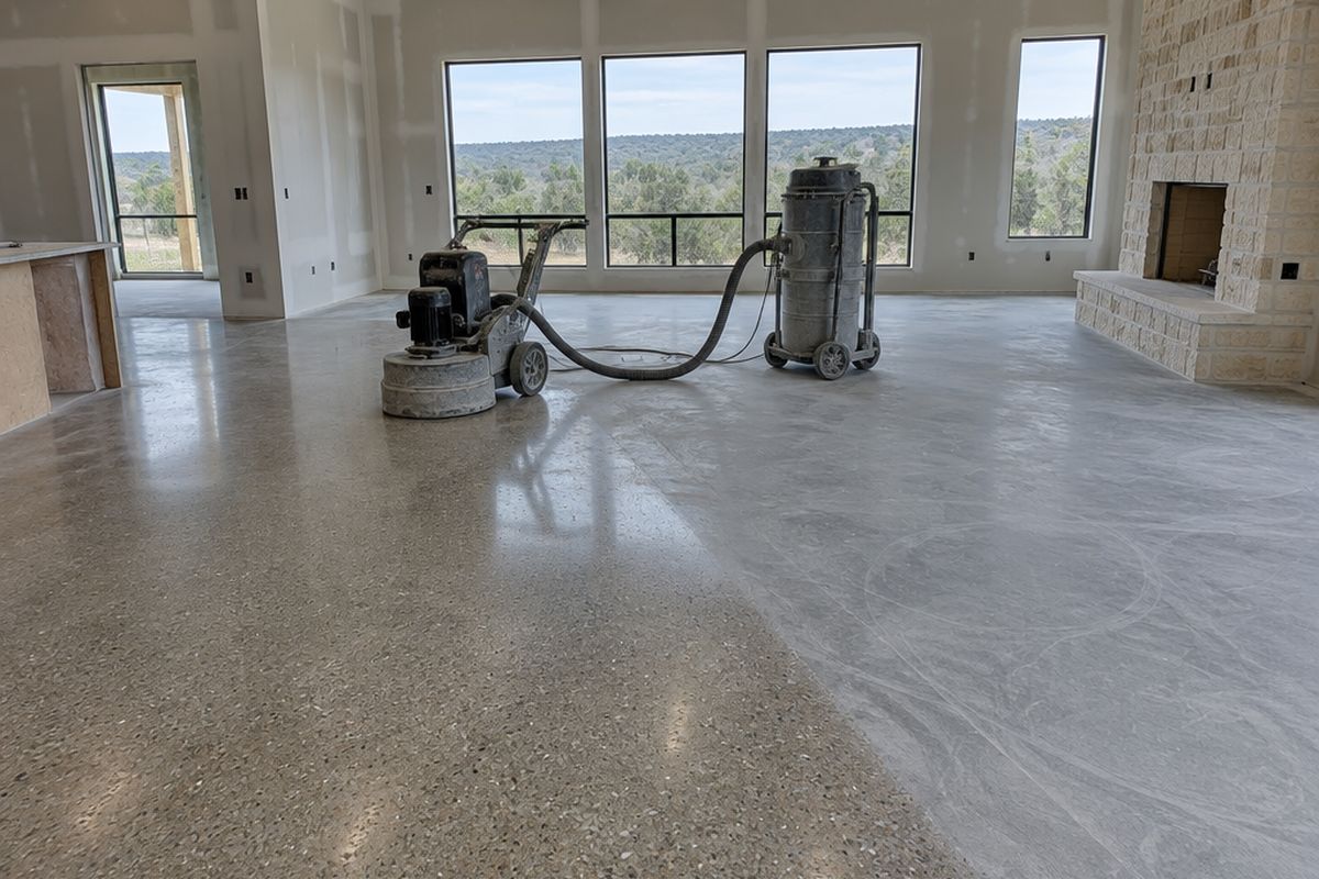 An open living room with part of the slab honed to a low sheen and part dull with swirl marks, and a floor grinder and dust extractor