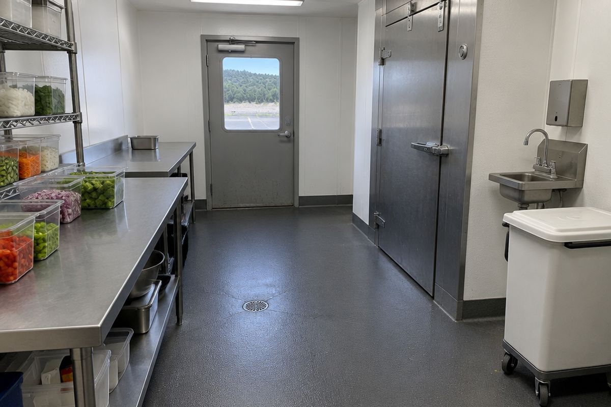 A restaurant prep kitchen with a dark gray urethane cement floor and coved base sloping to a drain, stainless tables, a walk-in cooler door and a hand sink