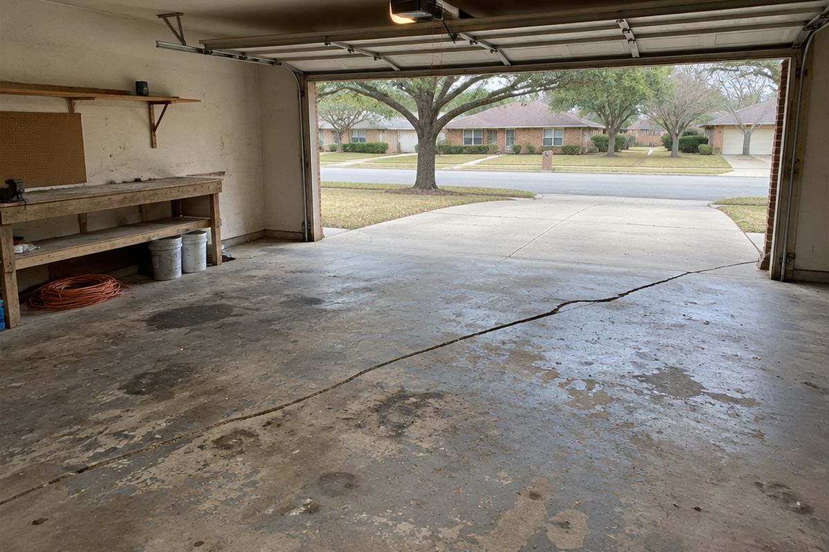 A worn garage slab with oil stains, scaling and a long diagonal crack with one side slightly lower, and a dusty workbench by the open door