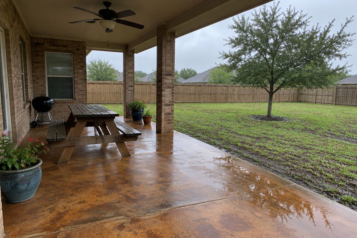A covered back patio with an amber-brown stained concrete slab wet from rain at its open edge, a picnic table, a charcoal grill and a flat fenced yard