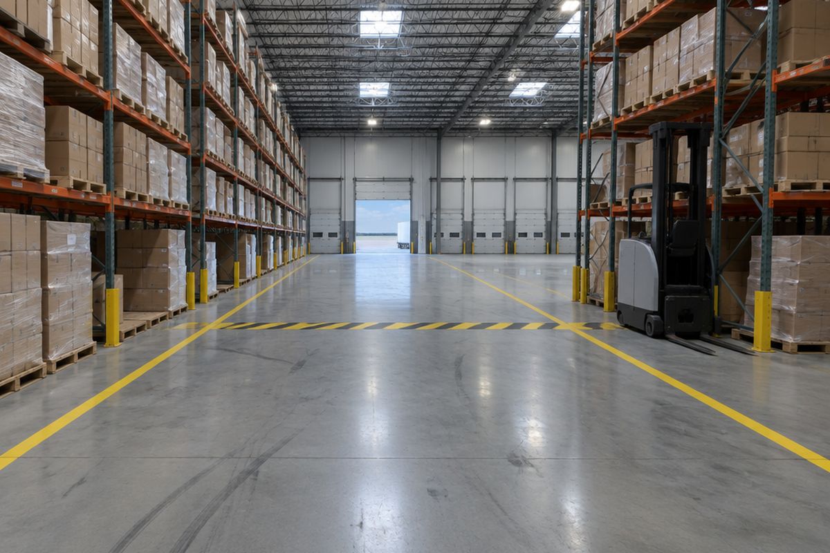 A long distribution warehouse aisle with a gray epoxy floor and yellow lines, tall racking of plain boxes and wrapped pallets, a parked forklift and distant dock doors