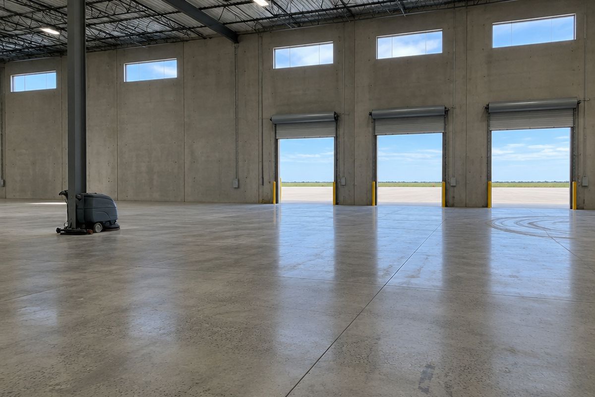 A large empty tilt-wall warehouse with a low-sheen polished concrete floor, a long grid of saw-cut joints, clerestory windows and open dock doors to a flat lot