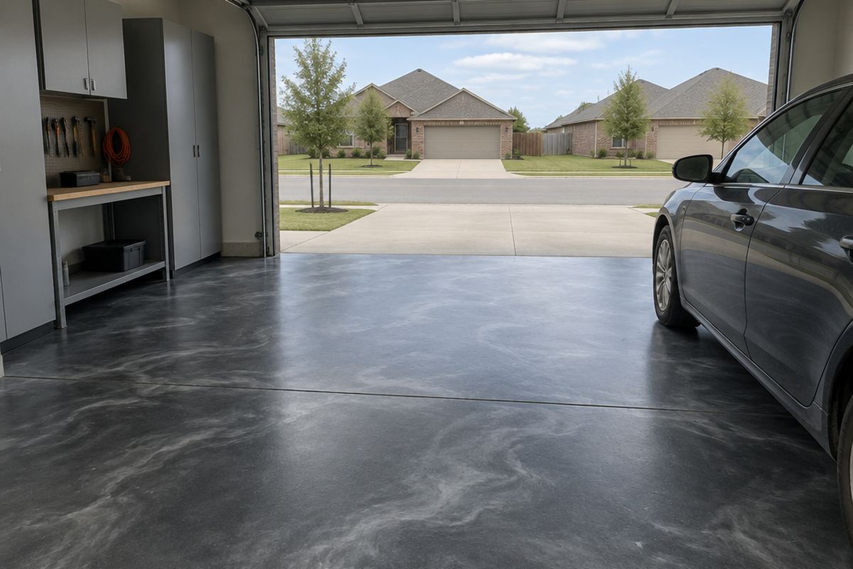 A two-car garage with a charcoal and silver-gray metallic epoxy floor, a faint hairline crack near a joint, gray wall cabinets and the side of a dark sedan